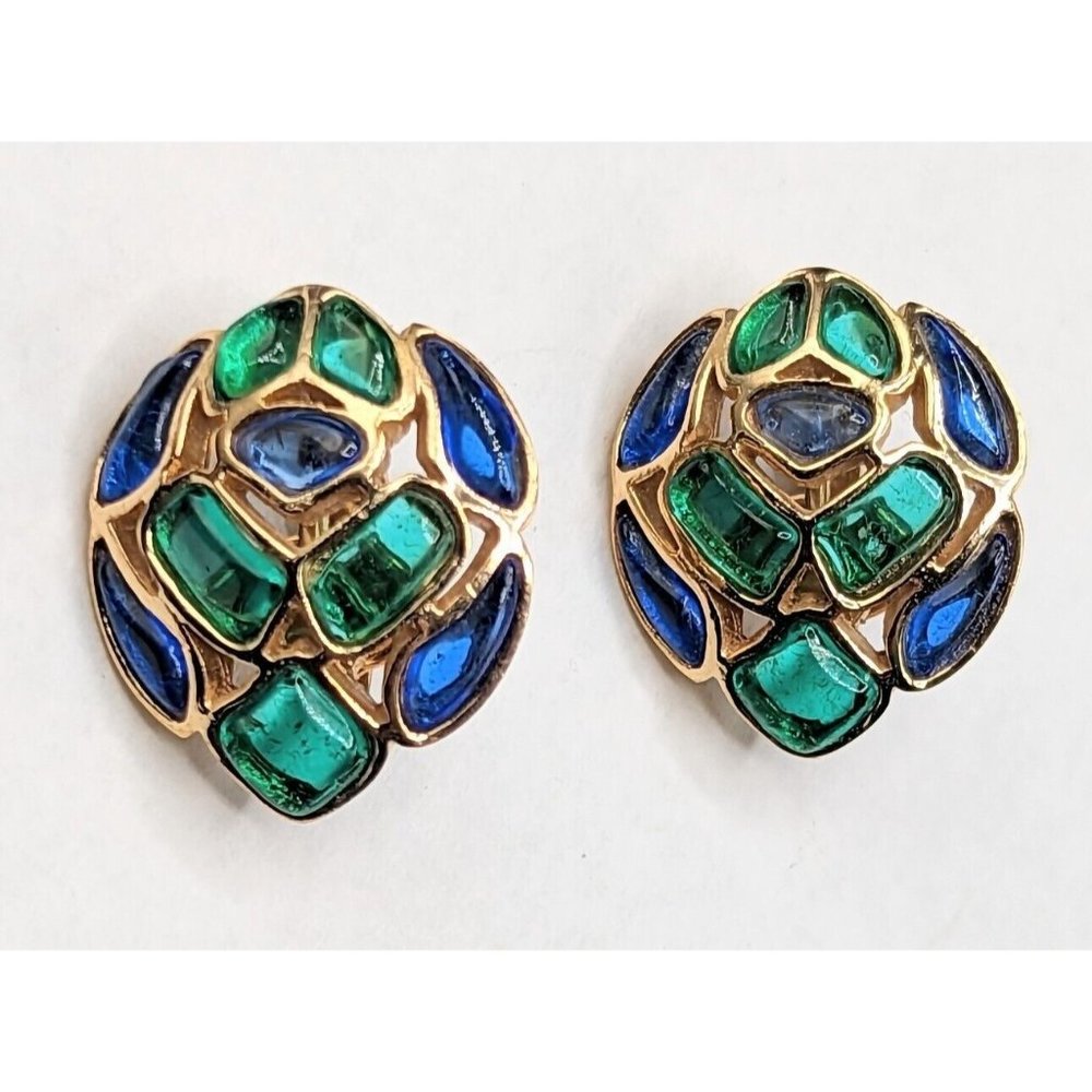 Crown Trifari Modern Mosaics Green Blue Gold Tone Clip On Earrings 1960s